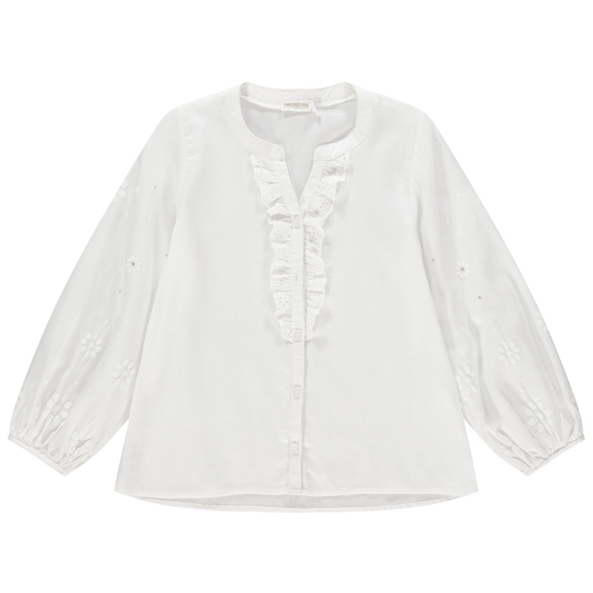 Chemise manches longues à jabots et fleurs brodées 