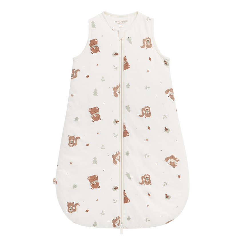 Saco de dormir TOG 3 en jersey impreso con animales del Rey de los Bosques en color crudo. 