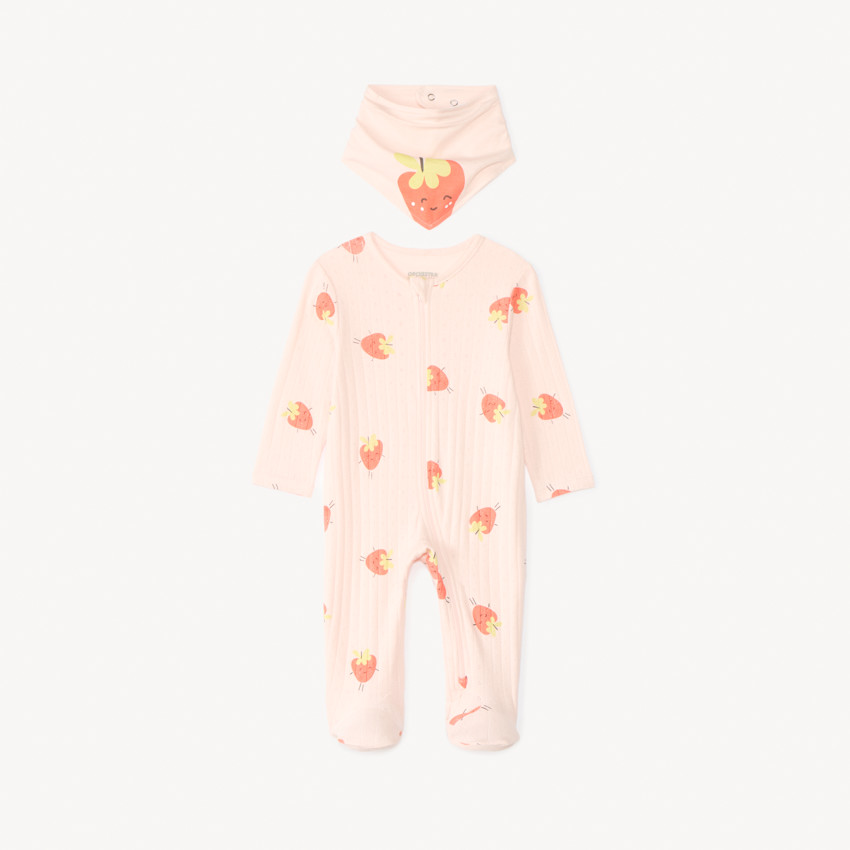 Saco de dormir con cremallera con estampado de fresas + babero para bebé niña 