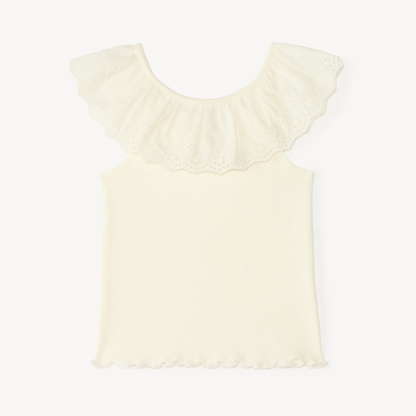 Camiseta sin mangas lisa de punto canalé con cuello volante de bordado inglés para bebé niña 