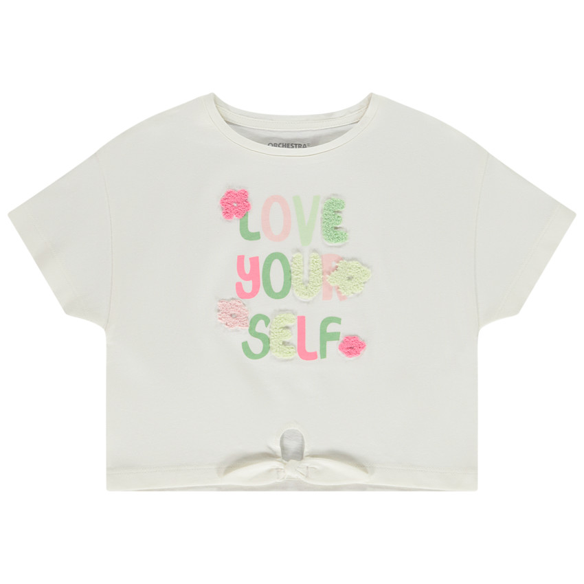 Camiseta manga corta con nudos y parches de rizo niña 