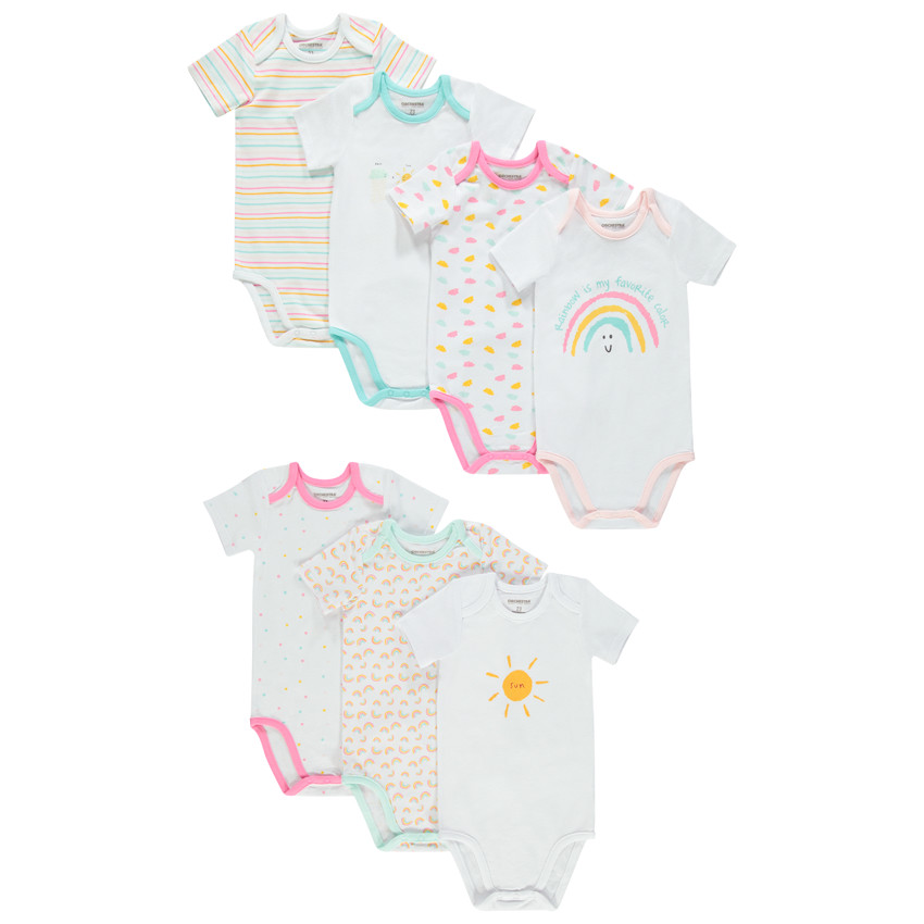 Pack de 7 bodies manga corta de algodón con estampados coloridos. 
