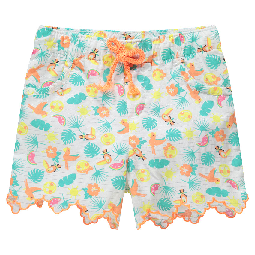 Pantalón corto de rayas finas plateadas y estampado tropical all-over 