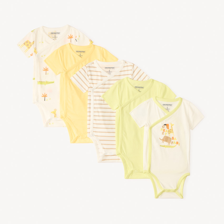 Lote de 5 bodies con motivos de safari para bebé niño (diferentes aperturas según la edad) 