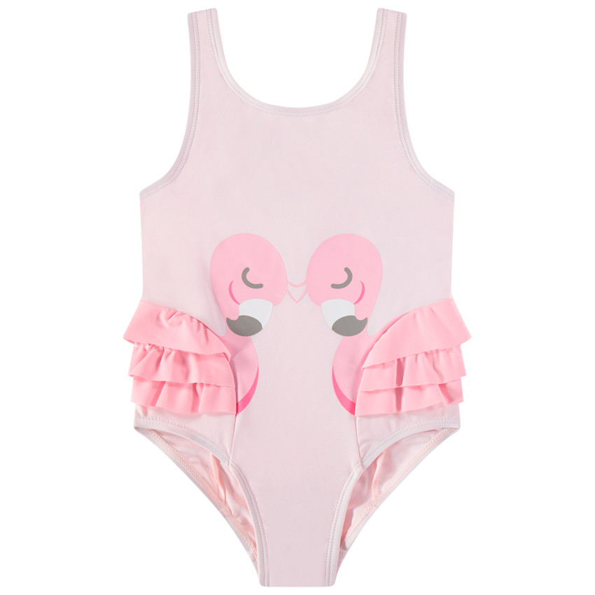 Maillot de bain 1 pièce volanté print flamants roses 