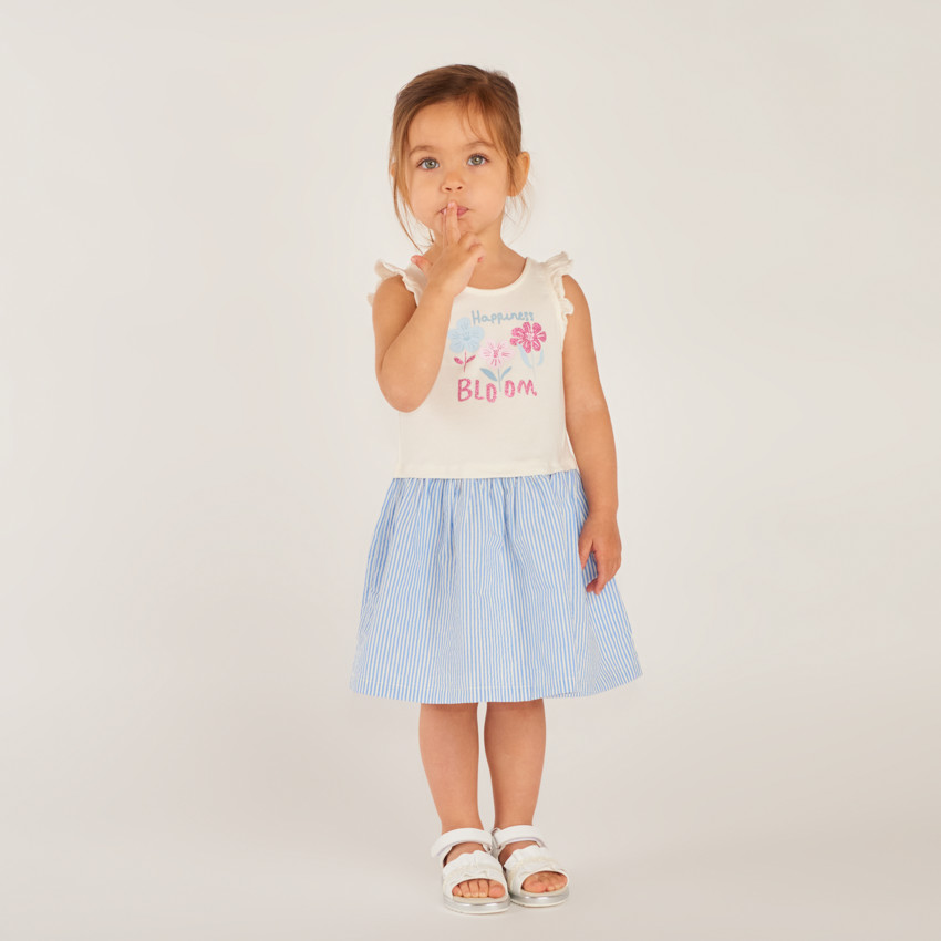 Robe sin mangas 2 en 1 con estampado divertido y falda a rayas para niña bebé. 