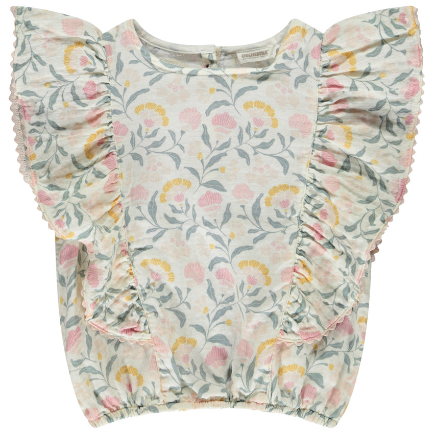 Top con volantes en gasa de algodón impresa con flores para niña 
