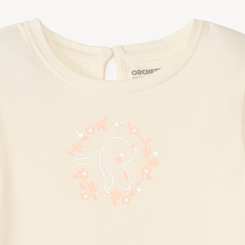 Camiseta de manga corta lisa con estampado de conejo para niña. 