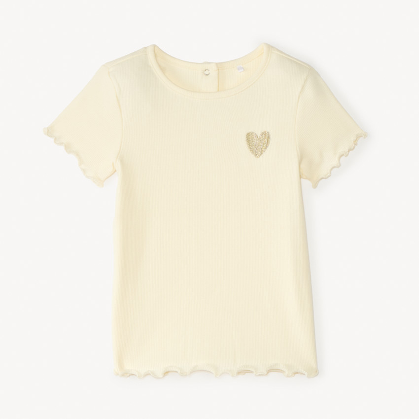 Camiseta de manga corta con bordado de corazón dorado para niña 