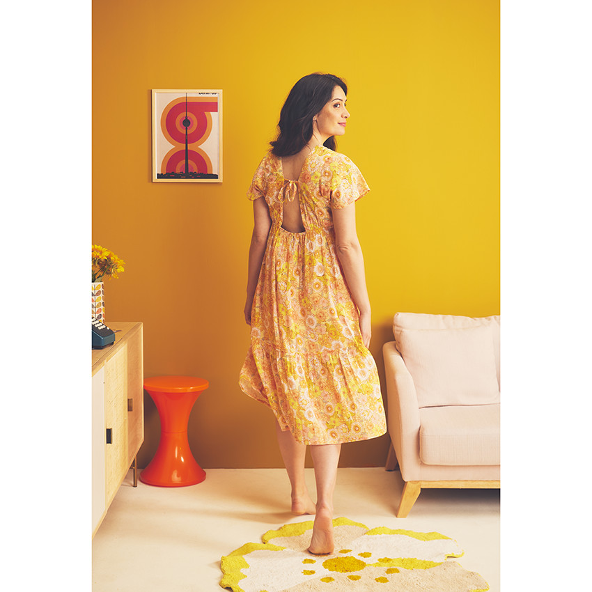 Vestido de manga corta con volantes y estampado retro para mujer 