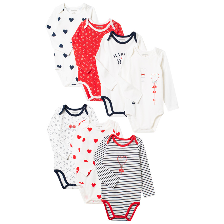 Pack de 7 bodies de manga larga de algodón orgánico con corazones estampados 