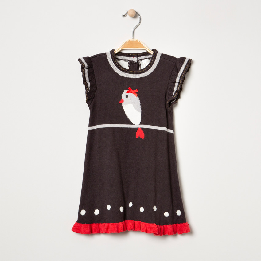 Vestido de punto con pájaro y lunares de jacquard 