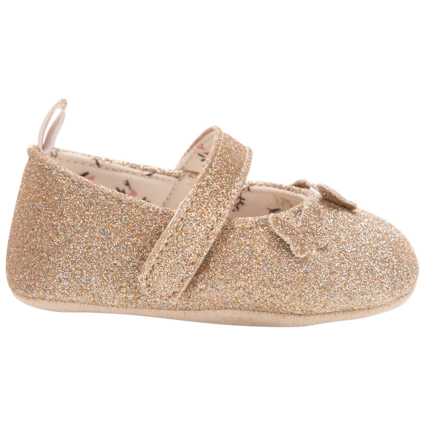 Merceditas doradas con purpurina mariposas aplicadas para bebé niña 