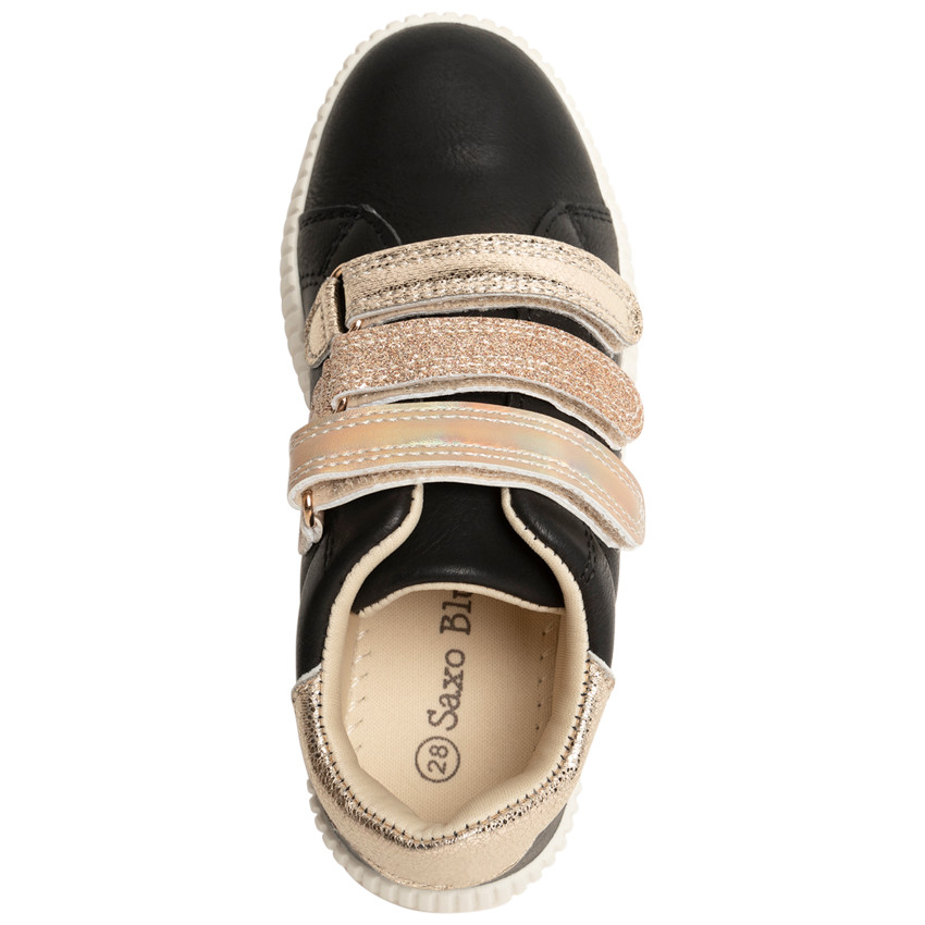 Zapatillas negras efecto cuero con velcro dorado para niña 