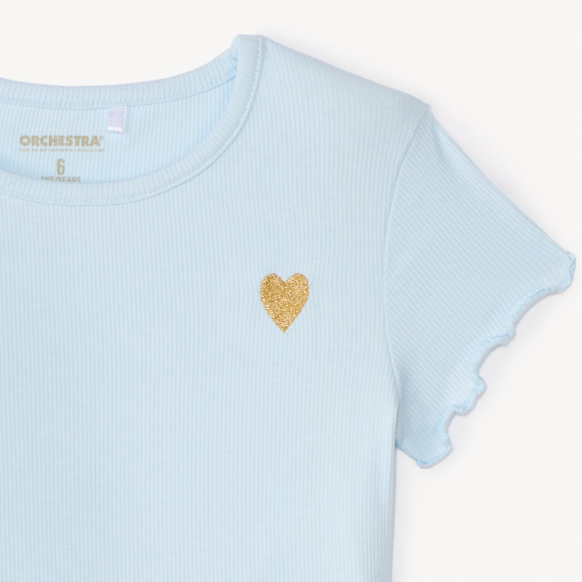 Camiseta de manga corta de punto acanalado con corazón bordado para niña 