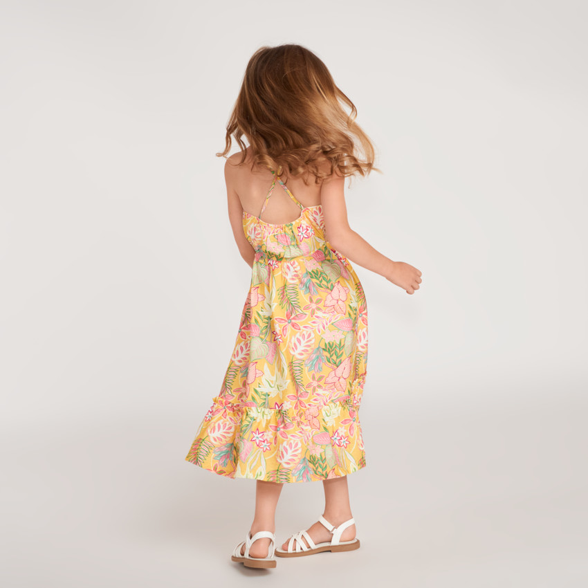 Vestido largo con tirantes de estampado tropical para niña. 
