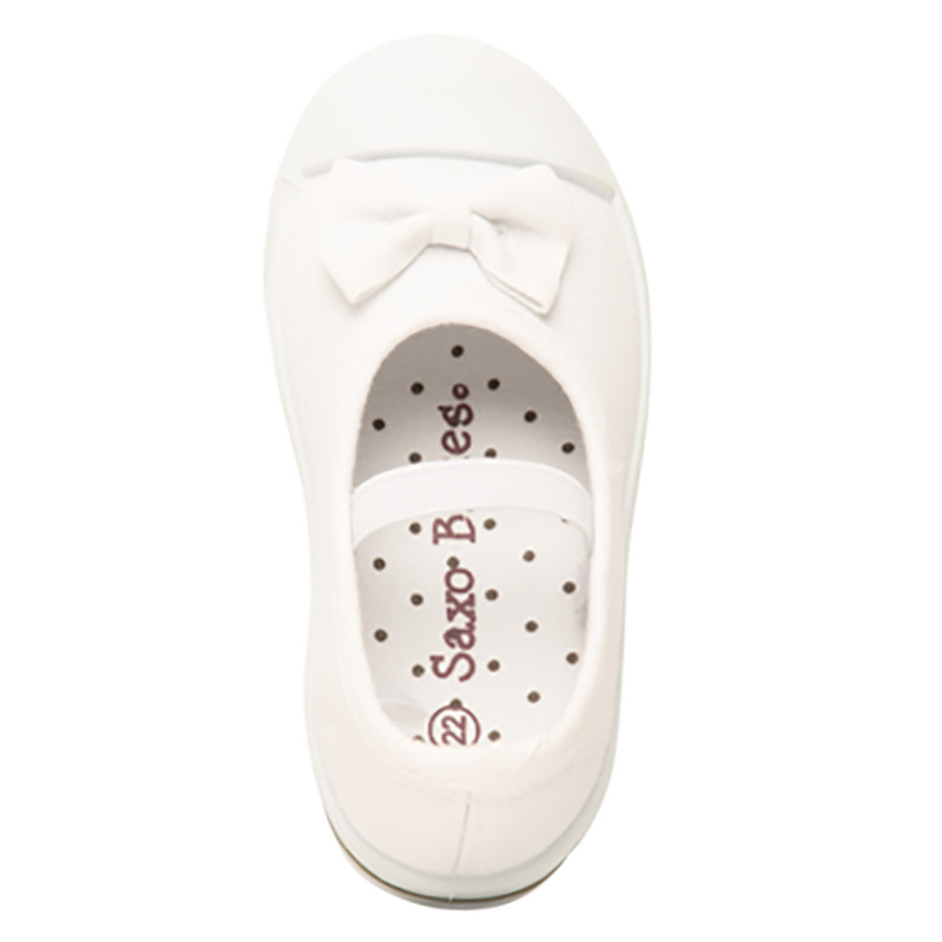 Merceditas blancas de tela con lazo y tira elástica para niña 