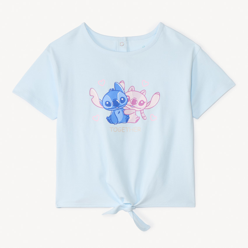 Camiseta de manga corta anudada con Stitch y Angel de Disney para niña. 