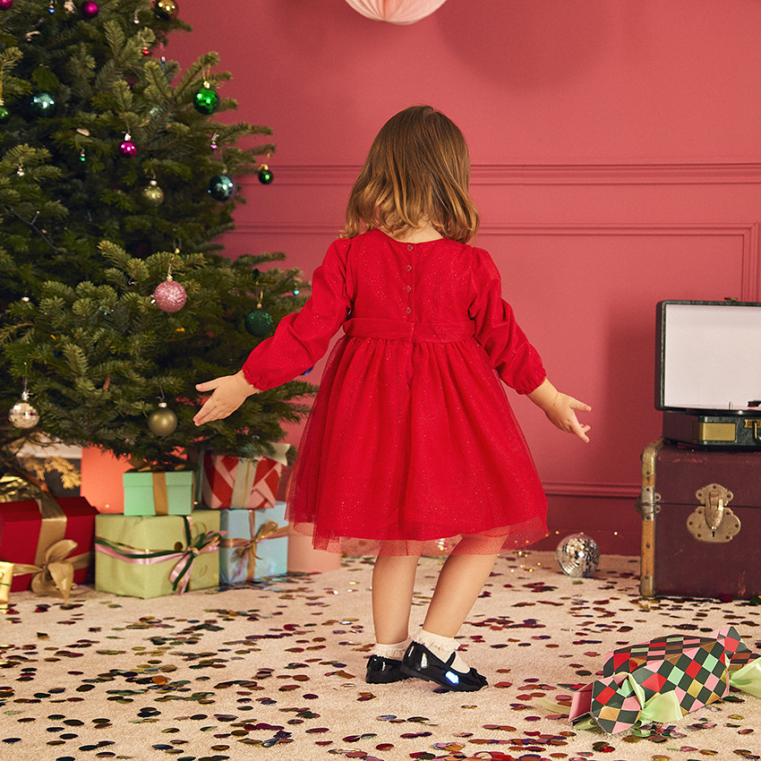 Vestido de fiesta de manga larga en tul brillante para niña bebé 