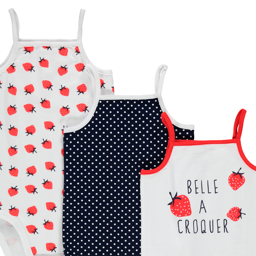 Pack de 5 bodies de tirantes finos con estampado de lunares y fresas. 