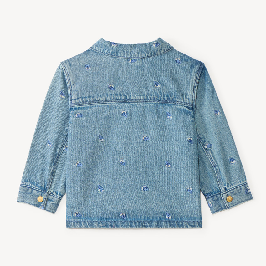 Chaqueta de mezclilla de manga larga con bordado de flores para niña. 