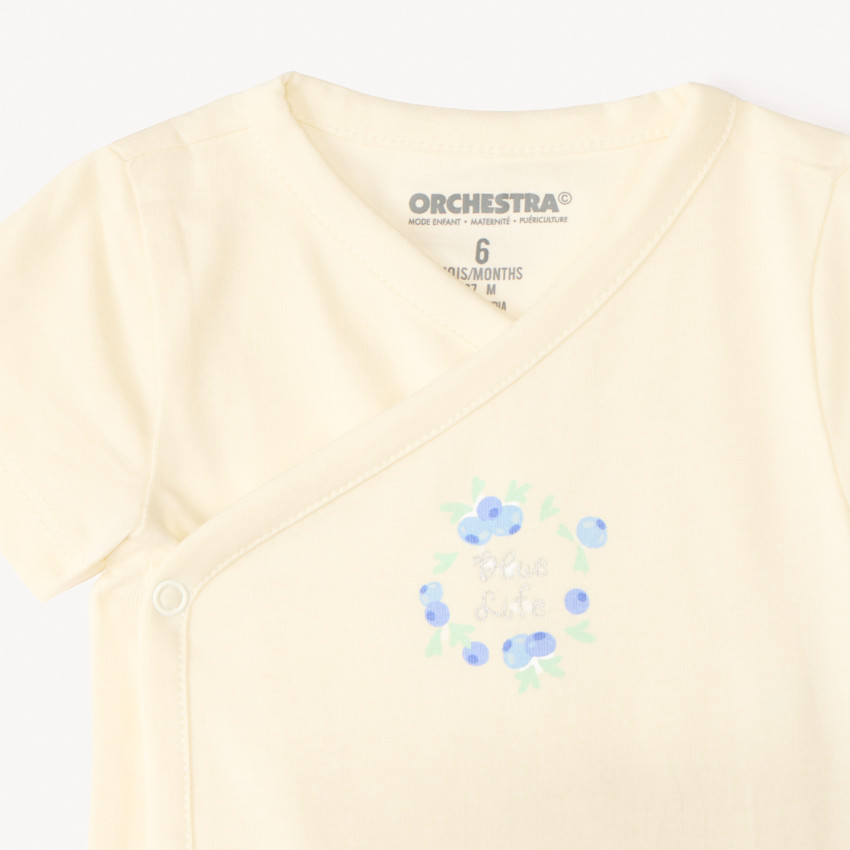 Lote de 5 bodies con motivos de arándanos para bebé niña con diferentes aberturas según la edad. 