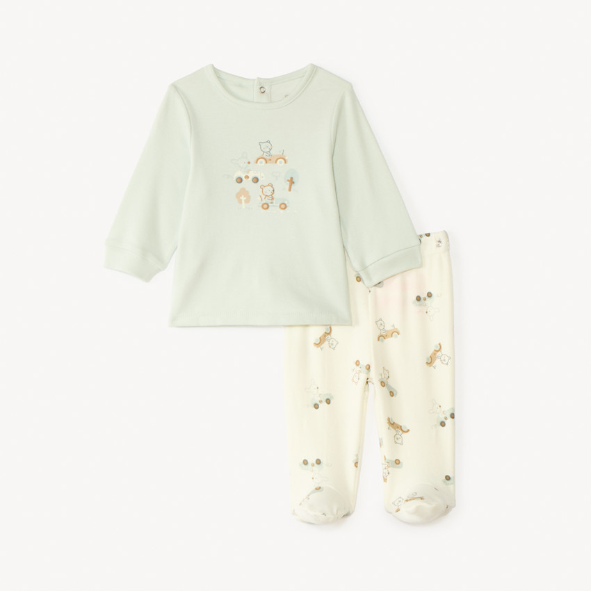 Pijama de 2 piezas en interlock: camiseta de manga larga + pantalón para bebé niño (acabados diferentes según la edad) 