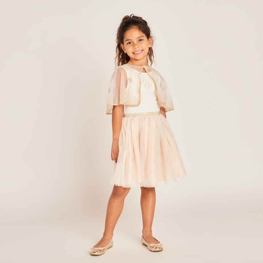 Vestido sin mangas de dos materiales con capa de mariposa para niña 