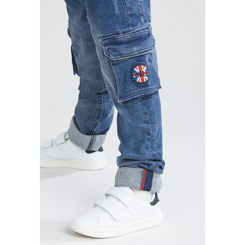 Jean cargo droit effet used à taille élastiquée  Additional Jean cargo droit effet used à taille élastiquée