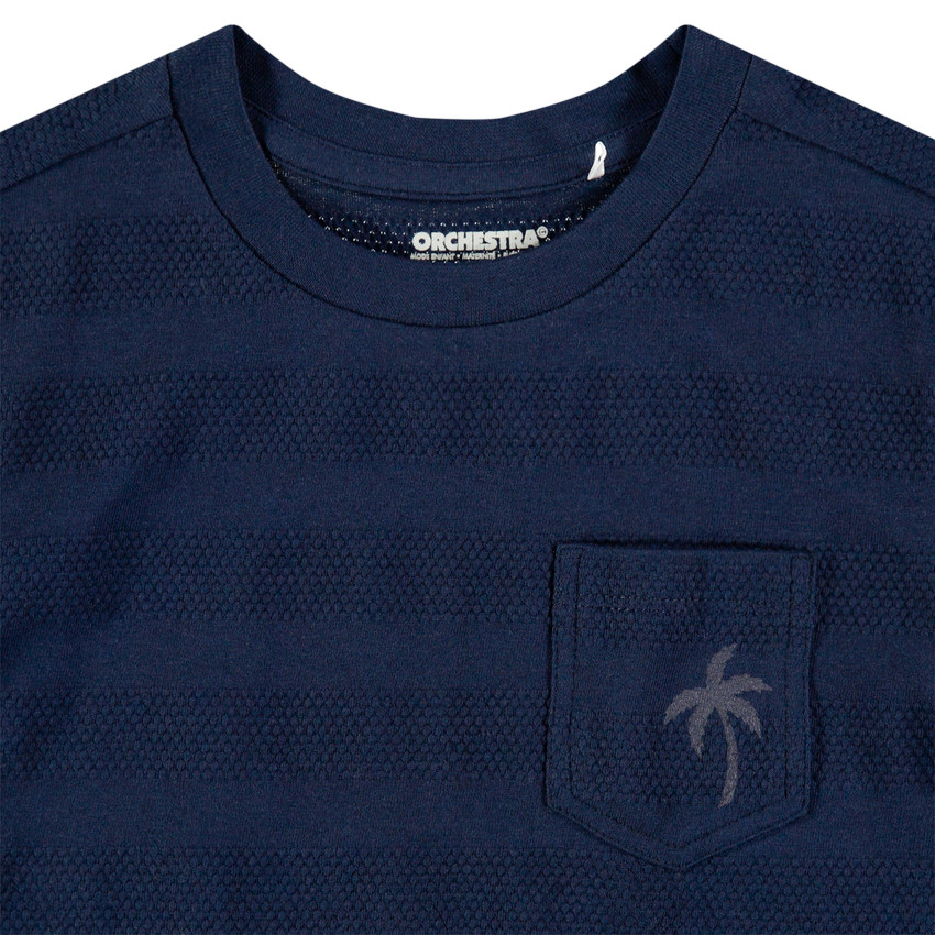 Camiseta de manga corta de rayas de fantasía y bolsillo con estampado de palmera Main Camiseta de manga corta de rayas de fantasía y bolsillo con estampado de palmera