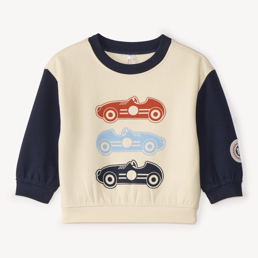 Sudadera oversize para bebé niño bicolor con estampado de coches de carrera. 
