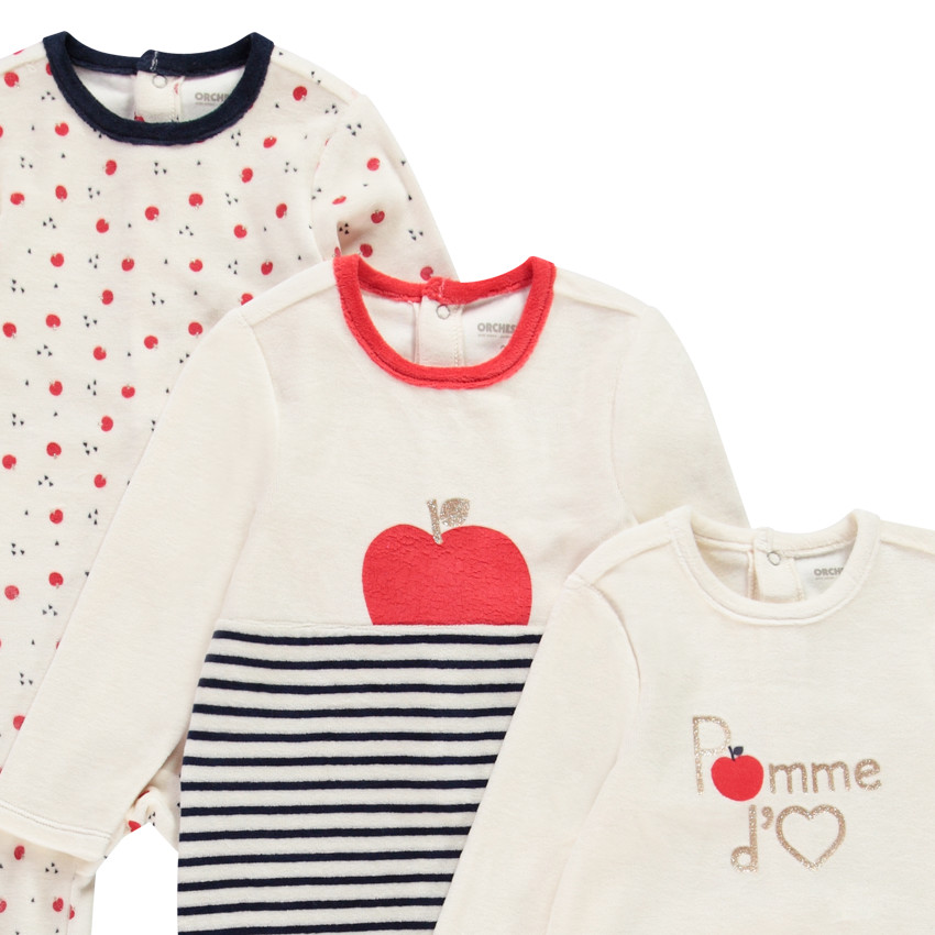 Pack de 3 peleles de terciopelo con estampado de manzanas para bebé niña 