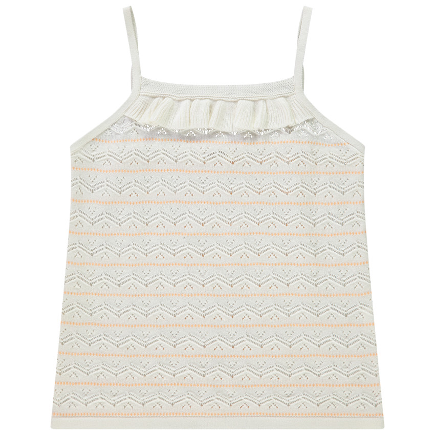 Camiseta de punto y tejido pointelle con cuello volante para niña 