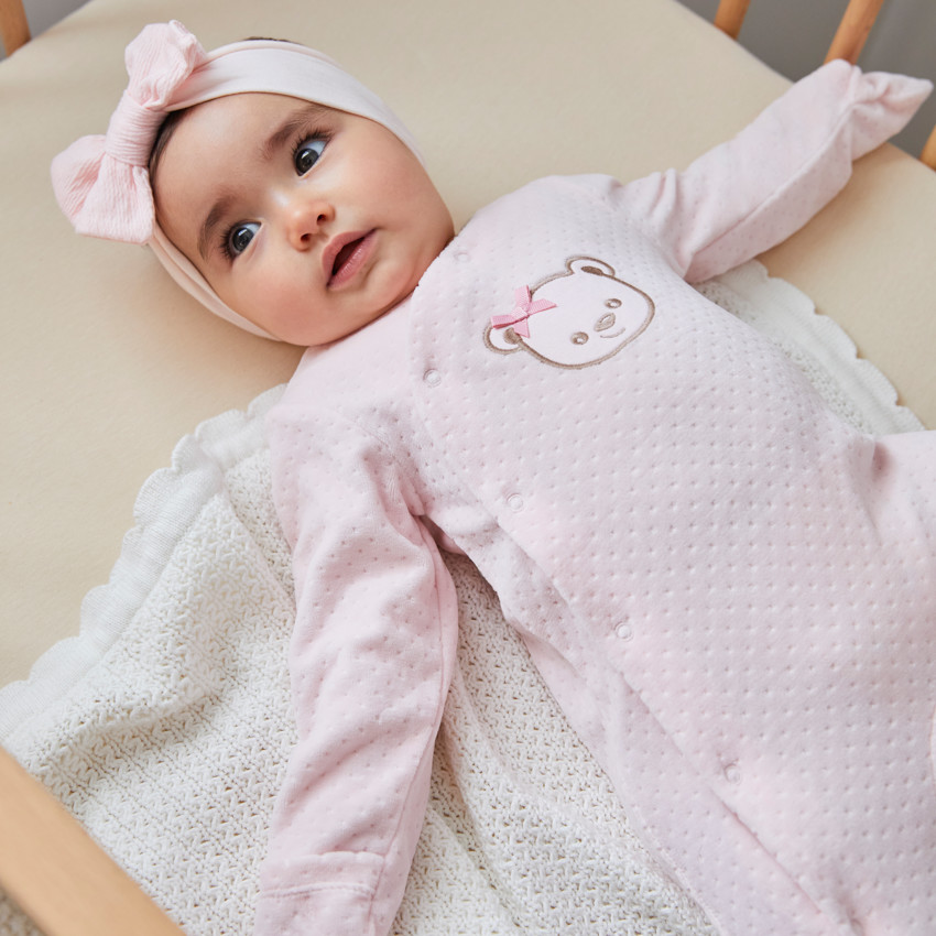 Pijama de terciopelo con bordado de osito para bebé niña 