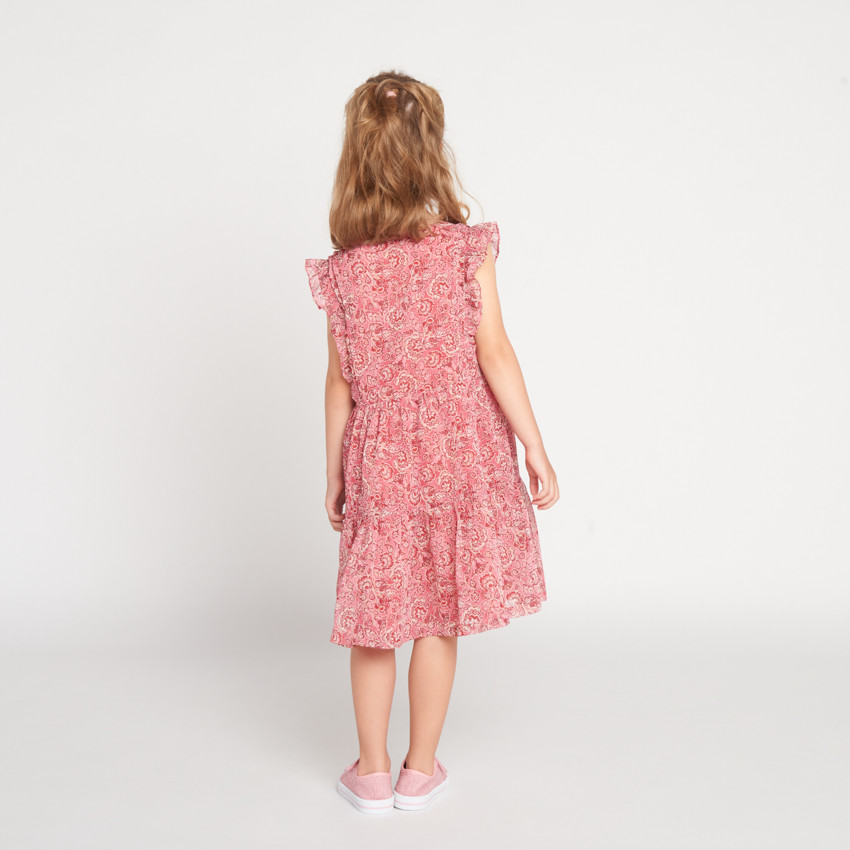 Vestido de manga corta con volantes y estampado rosa para niña 