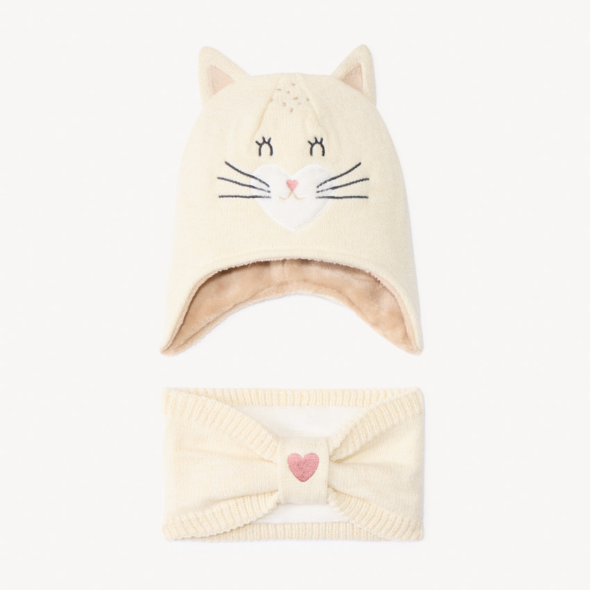 Conjunto de punto con gorro divertido de gato y cuello tubular para bebé niña 
