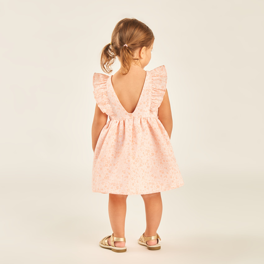 Vestido de manga corta con volantes y estampado floral en jacquard para niña bebé. 