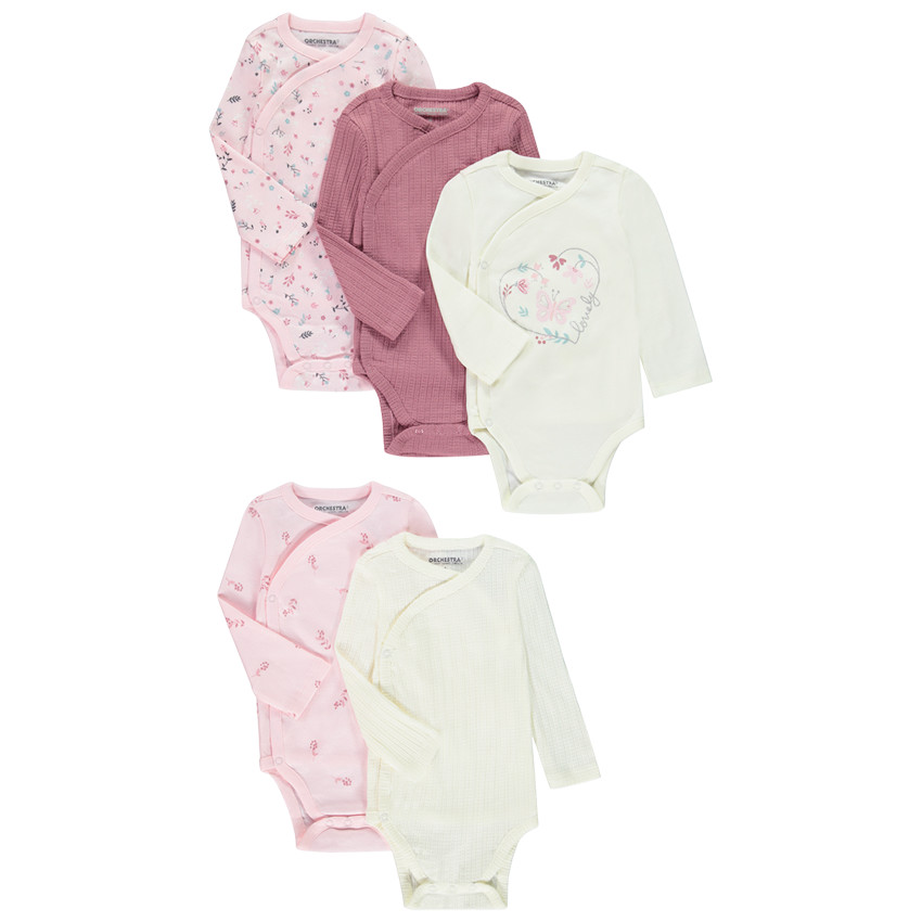 Pack de 5 bodies de manga larga para bebé niña con diferentes aperturas según la edad. 