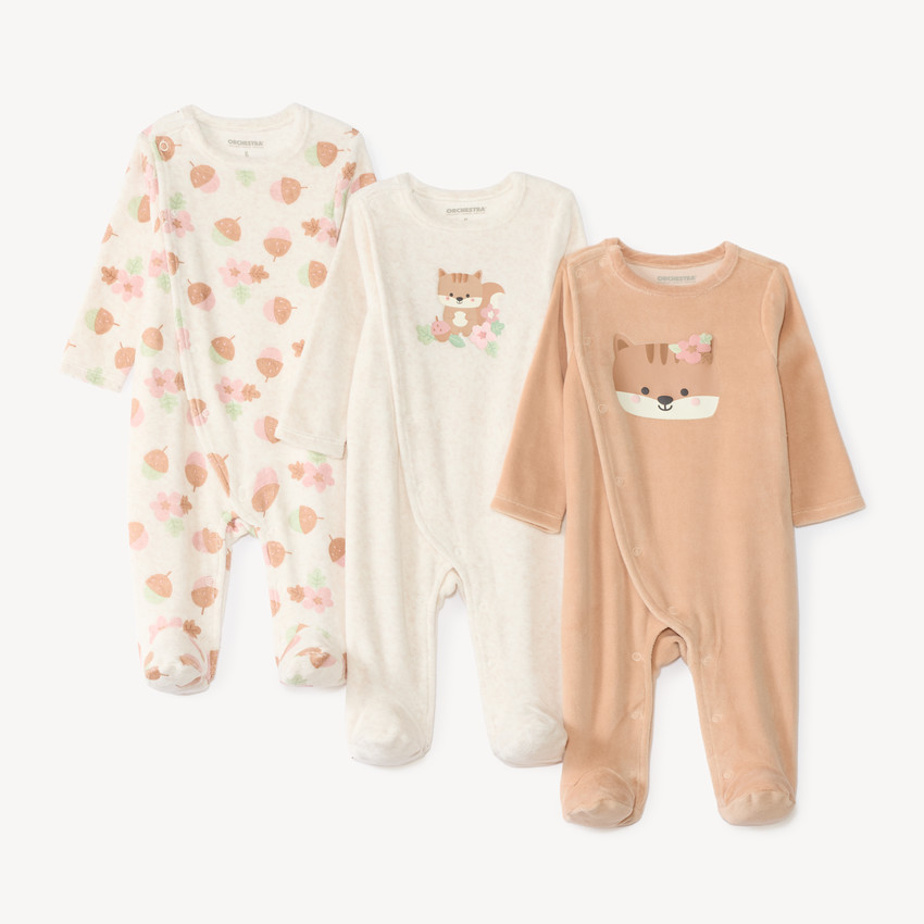 Lote de 3 pijamas de terciopelo para bebé niña con motivo de bosque (acabados diferentes según la edad) 