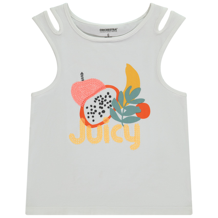 Camiseta sin mangas punto calado estampado frutas y lentejuelas para niña 