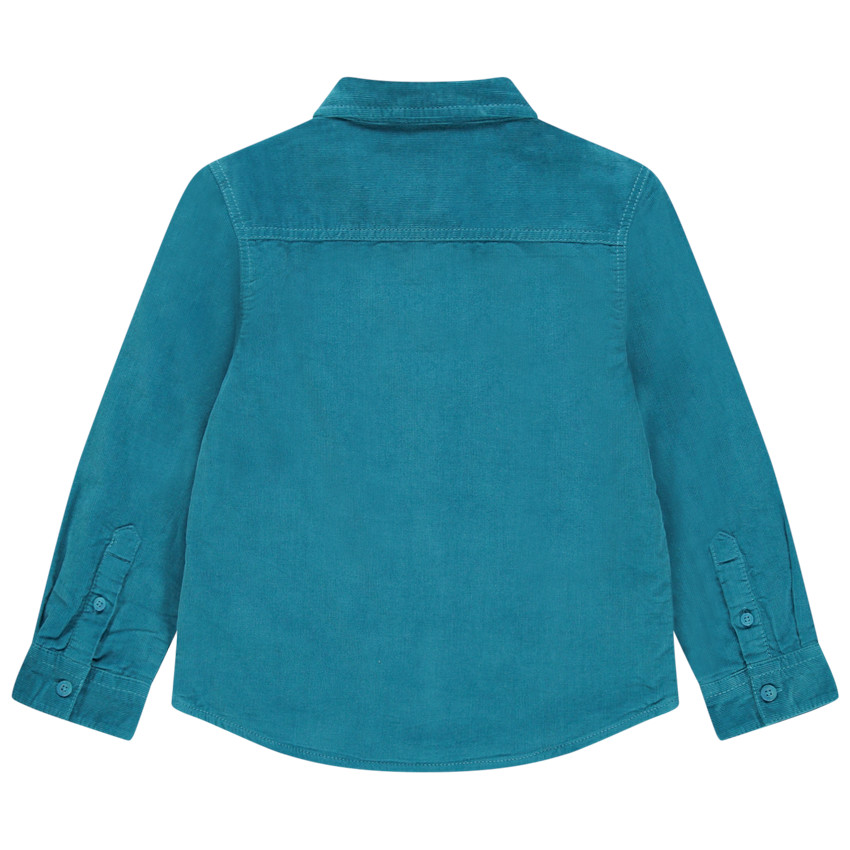 Camisa de manga larga de terciopelo azul con bolsillo y parches 