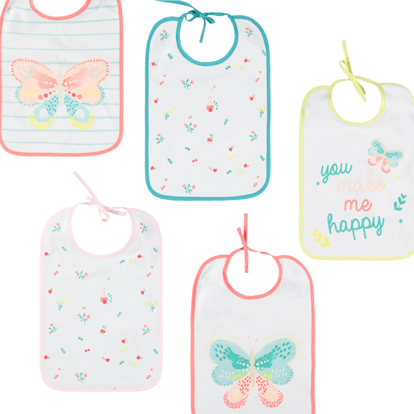 Lote de 5 baberos con estampado fantasia y mariposa estampada 