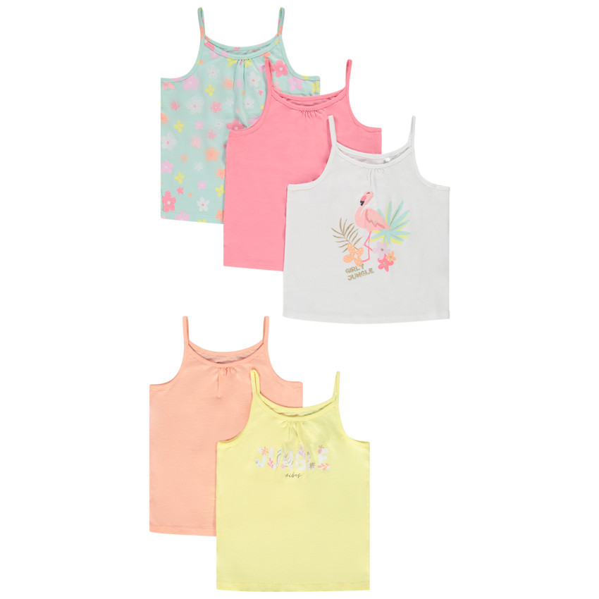 Pack de 5 camisetas sin mangas de jersey para niña. 