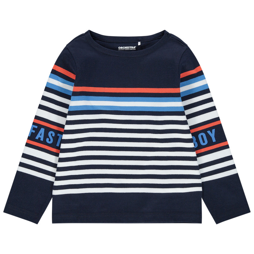 Marinera de punto con rayas estampadas e inscripciones 