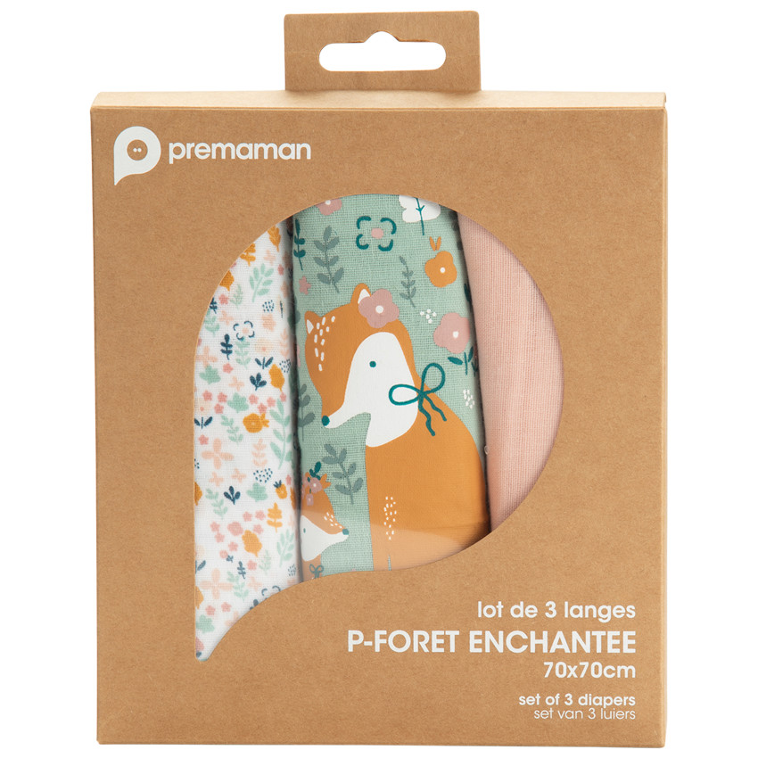 Pack de 3 langes de algodón con estampado de animales del bosque  Additional Pack de 3 langes de algodón con estampado de animales del bosque