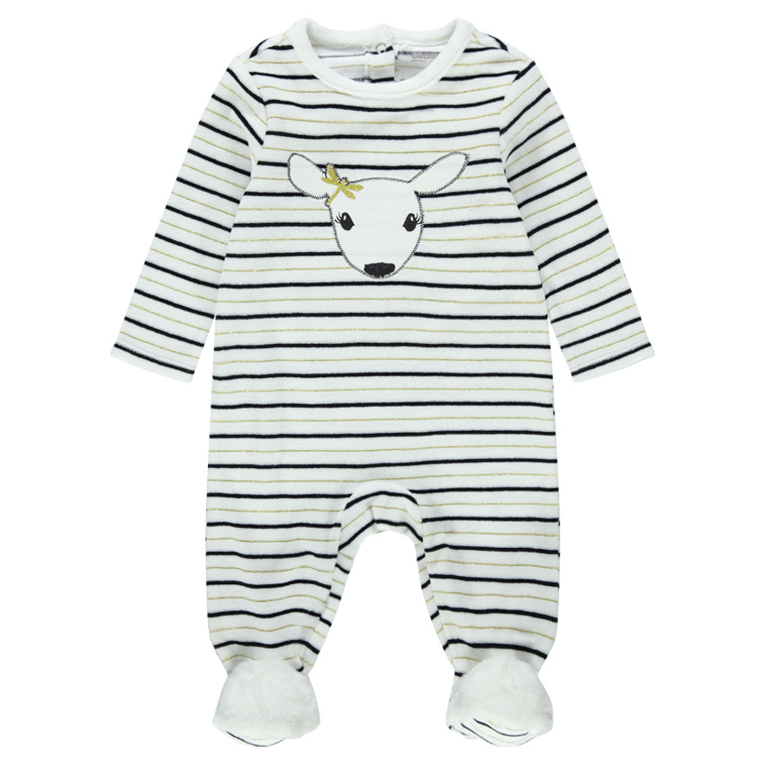 Pijama de terciopelo con rayas all over y pavo real bordado 