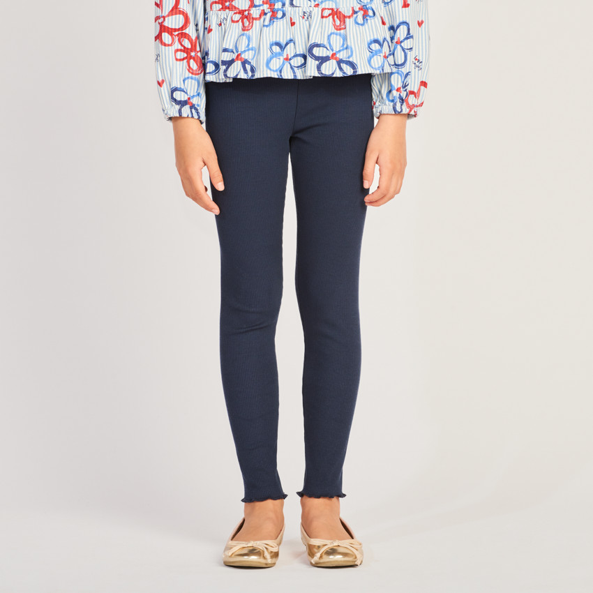 Leggings de punto acanalado liso con cordón y pompones para niña 