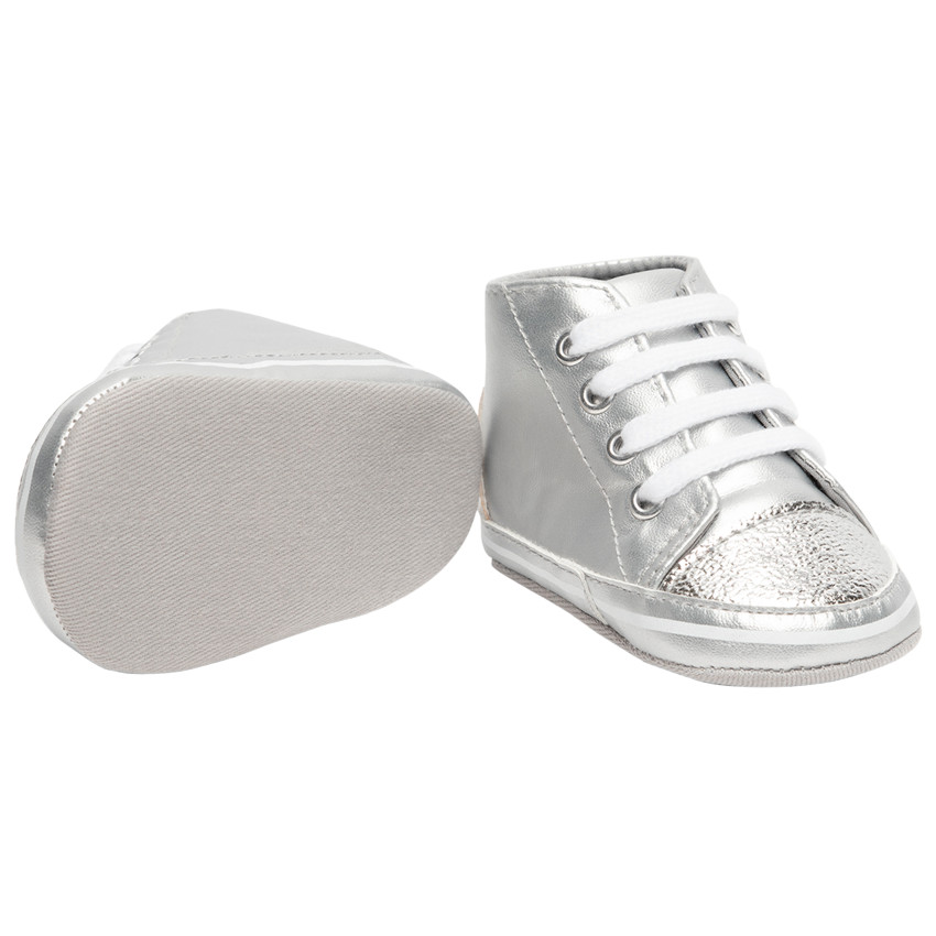 Zapatillas altas suaves plateadas con cordones para bebé niña 