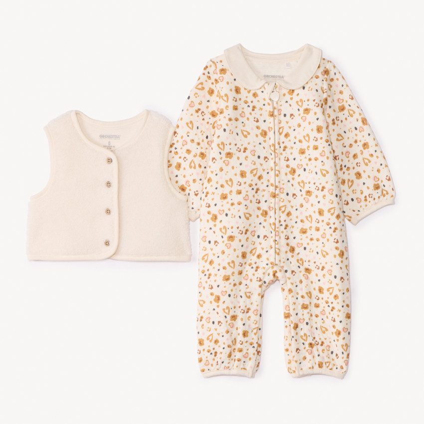 Conjunto de overol estampado + chaleco para niña bebé 