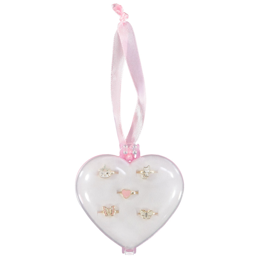 Pack de 5 anillos de fantasía con caja en forma de corazón para niña 